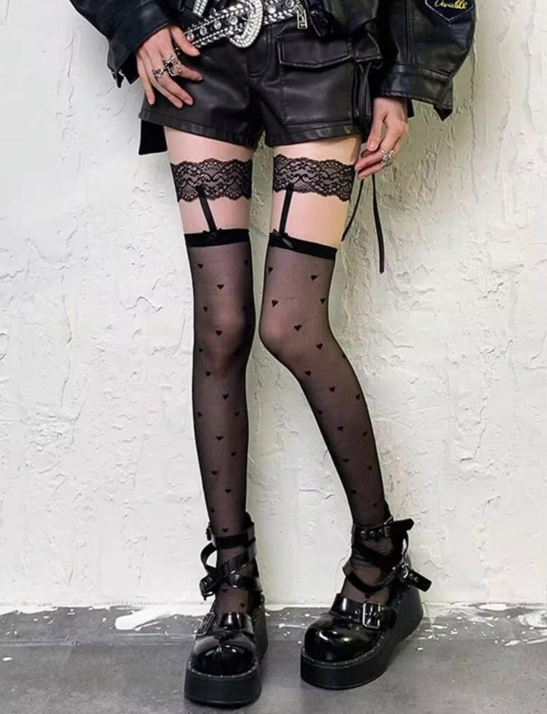 Women’s Sheer Heart Pattern Thigh-High Stockings with Lace Top & Bow Detail – Pink